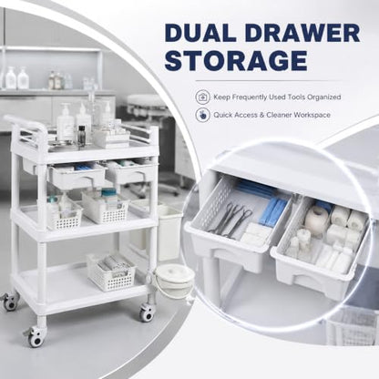 3 Tier Storage Cart with Dual Drawers, ABS Bins and PU Casters