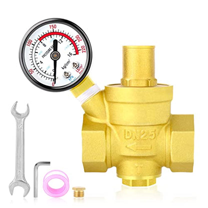 MEANLIN MEASURE 1 inch brass Water pressure regulating valve, pressure regulating valve, pressure reducing valve, DN25, with 0-220PSI pressure gauge - style: 1 inch