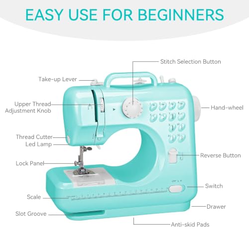 Sewing Machine for Beginners with Extension Table, Mini Sewing Machine Kit - color: Cyan with Extension Table