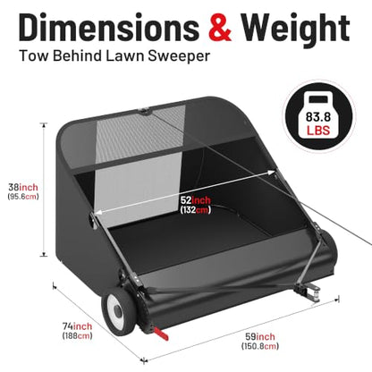 Suchtale 52 Inch Tow Behind Lawn Sweeper with 26 Cu Ft Hopper - size: 52''