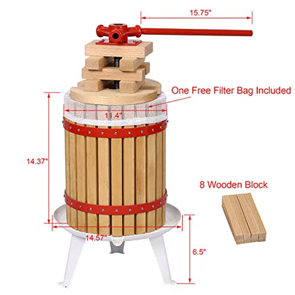 4.75 Gallon Fruit Wine Press, Apple&Grape&Berries Crusher Manual Juice Maker for Kitchen, Solid Wood Basket with 8 Blocks Heavy Duty Cider Wine Making Press