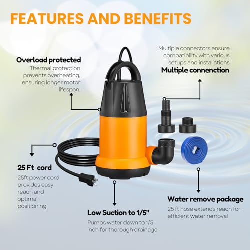 Sump Pump Submersible With 25Ft. Hose, Submersible Pump, 25Ft Cord, 4000GPH