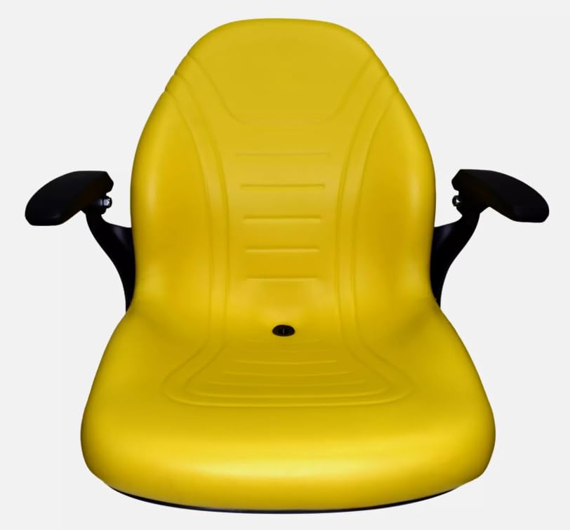 High Back Compact Tractor Seat Compatible with John Deere; Yellow Waterproof Vinyl; includes Flip-up Arm Rest and Drain Hole: Please check your bolt-hole patterns