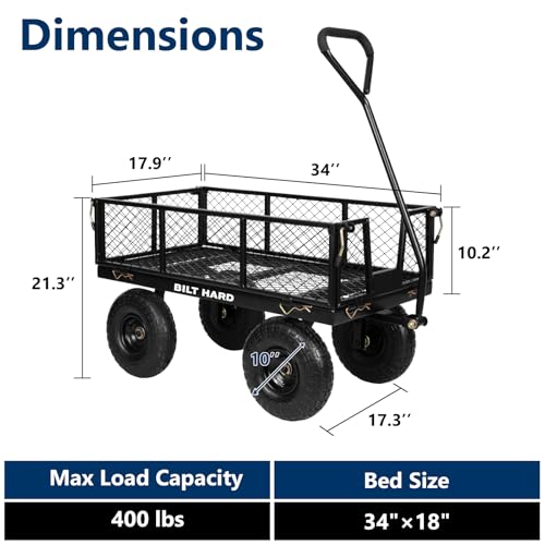 BILT HARD Heavy Duty 400 Lbs Capacity Mesh Steel Garden Cart, 4 Cu.Ft Heavy Duty Garden Cart with 180° Rotating Handle, Removable Sides, 10" All Terrain Wheels Capacity Utility Steel Wagons for Yard