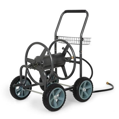 Backyard Expressions 4‑Wheel Garden Hose Reel Cart with Storage Basket, Hand‑Crank Rewind, Rust‑Resistant Hammertone Gray Finish, Brass Connectors - style: 2026 4 Wheel