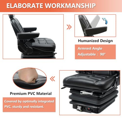 Universal Tractor Suspension Seat with Adjustable Angle Back,Armrest And Safety Belt,for Linde Forklift Tractor,Excavator Skid Loader Backhoe Dozer Telehandler