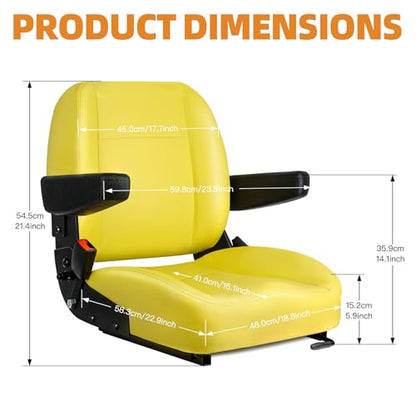 Universal Yellow Tractor Seat,Replacement Zero Turn Mower Seat with Adjustable Armrest, Safety Belt & Micro Switch fits John Deere, Skid Steer, Riding Equipment,Telehandler, Dozer