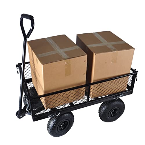 Steel Garden Cart, 2-in-1 600 lbs Heavy Duty Utility Wagon, with Removable Mesh Sides to Convert into Flatbed, 240° U-Turn 10" Pneumatic Tires Garden Wagon for Farm Yard Lawn Garden Camping (black) - color: Black