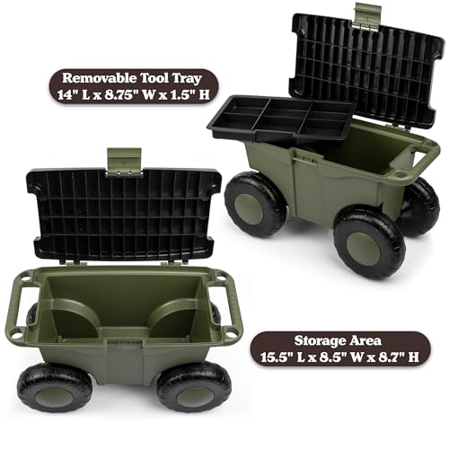Pure Garden Rolling Garden Cart with Seat, Green - color: Green