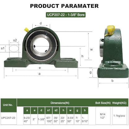 2 Pack UCP207-22 Pillow Block Bearing - 1-3/8" Mounted Pillow Block Bearings Solid Cast Iron Base - Self Alignment(207) - style: UCP207-22