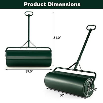 Goplus Push/Tow-Behind Lawn Roller, 17 Gallon/63L Water/Sand-Filled Sod Drum With Detachable Gripping Handle, 12 by 36-Inch, Green - for Garden, Yard, Farm - color: Green, size: 12 by 36-Inch