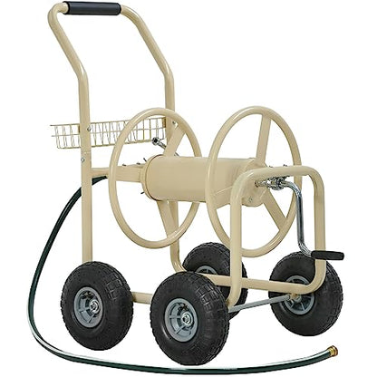 FDW Garden Hose Reel Cart, Water Hose Cart with 4 Wheels, Hold Up to 300 ft of 5/8’’ Hose，Heavy Duty Powder-Coated Steel Planting with Storage Basket, for Garden, Yard and Lawn - color: Tan
