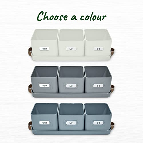 volila Herb Planter Indoor - Set of 3 Grey Indoor Herb Garden Pots for Plants with Leather Handled Tray - Window Sill Plant Shelf - Herb Pots with Drainage Holes and Labels - color: Charcoal Grey