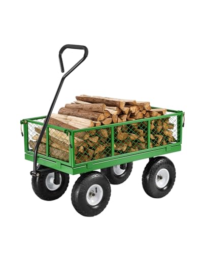 VEVOR 680 Lbs Steel Garden Cart on Wheels, Heavy Duty Garden Wagon Cart Pullable, Metal Outdoor Utility Yard Wagon Carts with 10" Tires, Mesh Removable Sides and 180°Rotating Handle - color: Black+green