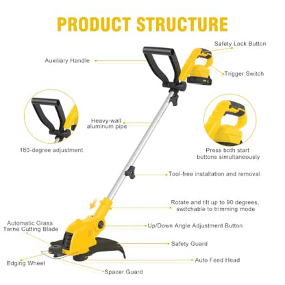 21V Electric Weed Wacker, 2-in-1 Cordless String Trimmer with 2 x2.0Ah - color: Blcak Yellow