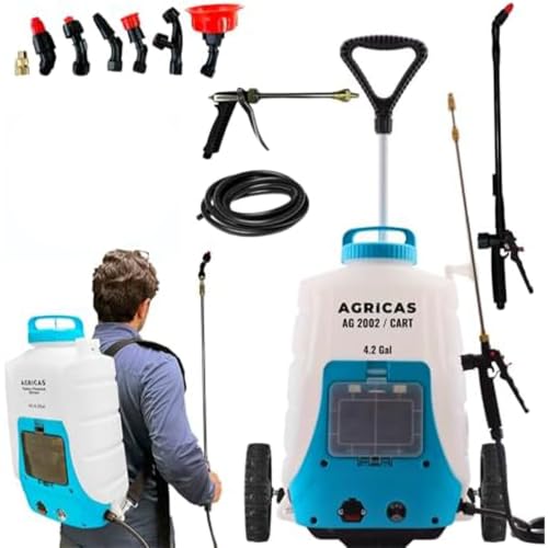 4.2 Gallon Battery Powered Sprayer with Cart - Professional Sprayer Gun - Wheeled Cart for Lawn & Garden with Adjustable Nozzles and Backpack, Weeding and Cleaning