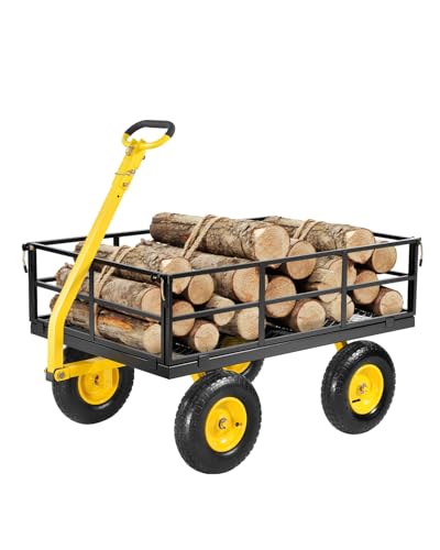 VEVOR 1200 Lbs Steel Garden Cart, Heavy Duty Pullable Garden Wagon Yard Cart, 2 in 1 Outdoor Metal Utility Wagon Yard Trailer with 13" All Terrain Tires, Mesh Removable Sides and 180°Rotating Handle - color: Black+yellow