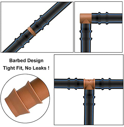 Drip Irrigation Fittings Kit for 1/2" Tubing, 18 Pieces Set Barbed Connectors - 6 Tees, 6 Couplings, 6 Elbows - Drip Line Parts (17mm .600" ID) Half Inch for Garden Sprinkler Systems - color: 18 Pieces Set