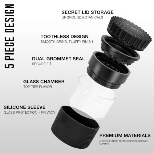 nugbuddy Herb & Spice Grinder | Toothless Mill | Non-Stick Ceramic Coating | Glass Chamber | Storage Compartment | Screen Free | Fluffy Grind | Kitchen Tool