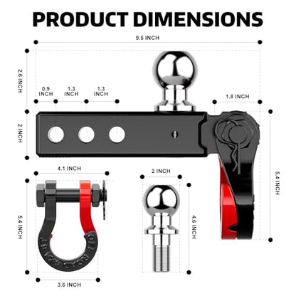AUTOBOTS 2 inch Trailer Hitch Ball Mount with Tow Shackle and Pin - color: red