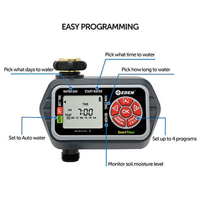 Eden 93411 1-Zone Digital Water Timer with LCD Display - Programmable Sprinkler System Manual Watering Rain Delay and Moisture Sensor Compatibility - size: 1 Zone