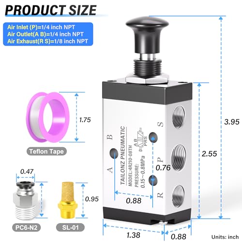 TAILONZ 1/4"NPT 5/2 4R210-08-TH Spring Reset Manual Valve - size: 1/4"NPT, style: 5 Way 2 Position Spring Return