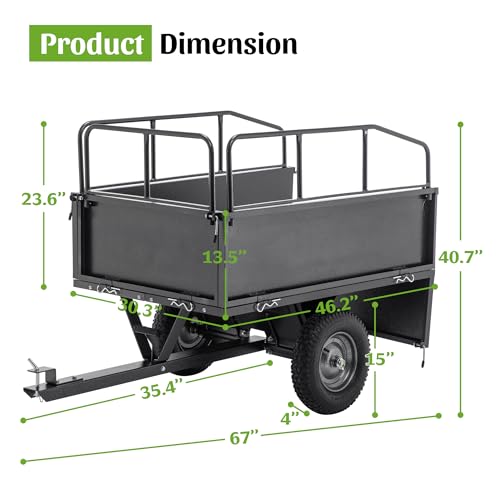 600LBS Heavy Duty Steel Dump Cart Trailer, 17 Cu.Ft. Tow Behind Hauling & Dumping Wagon for ATV, Lawn Tractor, and Garden with 16" Tires - size: 35.4'' L x 30.3'' W x 40.7'' H