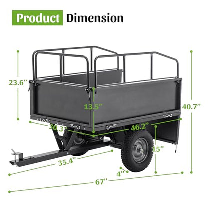 600LBS Heavy Duty Steel Dump Cart Trailer, 17 Cu.Ft. Tow Behind Hauling & Dumping Wagon for ATV, Lawn Tractor, and Garden with 16" Tires - size: 35.4'' L x 30.3'' W x 40.7'' H