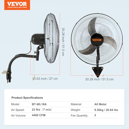 VEVOR Wall Mount Fan, 2 PCS 18 inch Oscillating, 3-speed High Velocity Max. 4000 CFM Industrial Wall Fan for Indoor, Commercial, Residential, Warehouse, Greenhouse, Workshop, Basement, Garage,Black - size: 18 Inch 2 Pack, style: Oscillating
