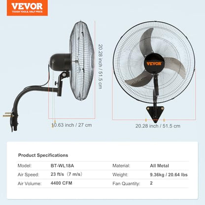 VEVOR Wall Mount Fan, 2 PCS 18 inch Oscillating, 3-speed High Velocity Max. 4000 CFM Industrial Wall Fan for Indoor, Commercial, Residential, Warehouse, Greenhouse, Workshop, Basement, Garage,Black - size: 18 Inch 2 Pack, style: Oscillating