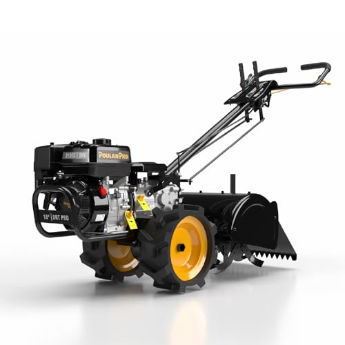 Poulan Pro Dual Direction Rear Tine Tiller, 212cc 4 Cycle Gas Engine, Full Gear Transmission, Dual Rotating Tines, Airless Tires, Instant Reverse 18 Inch Gas Tiller for Gardon and Farm