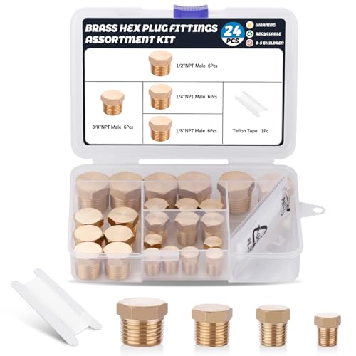 24PCS Brass Hex Pipe Plug Fittings,1/8" 1/4" 3/8" 1/2" NPT Male - style: Hex Plug