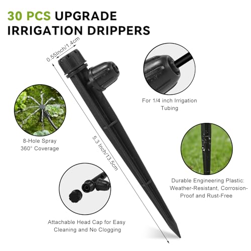 30pcs 1/4" Drip Irrigation Emitters & Irrigation Drippers Sprinkler Heads