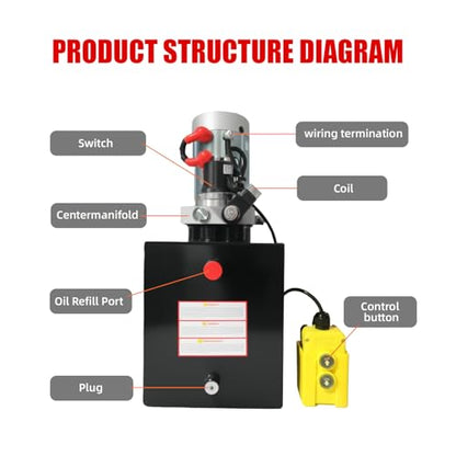 Single Acting Hydraulic Pump 10 Quart Hydraulic Power Units 12V DC Hydraulic Pump SAE#6 Connector for Dump Trailer Car Lifting