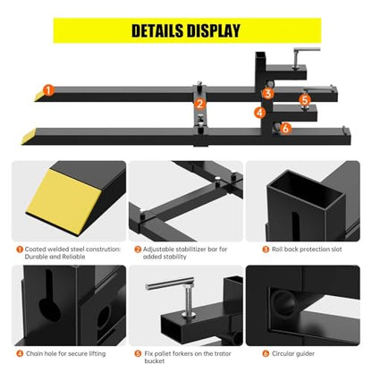 43'' Clamp on Pallet Forks, 2000LBS Bucket Fork Attachment Stabilizer - size: 43 inch-1500lbs