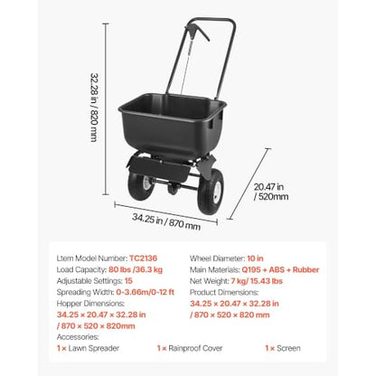 Push Broadcast Lawn Spreader 80Lbs Capacity with 10in All-Terrain Tires