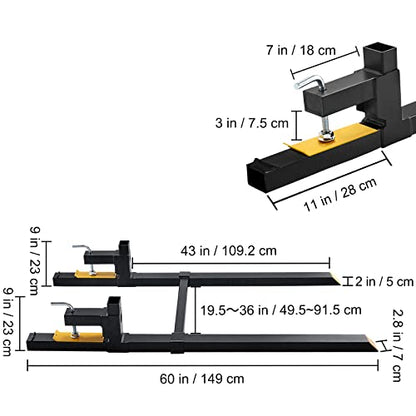 VEVOR Pallet Forks, 2000 lbs Clamp on, 60" Total Length | Heavy Duty, Adjustable Stabilizer Bar, For Tractor Attachments, For Skid Steer, For Loader Bucket