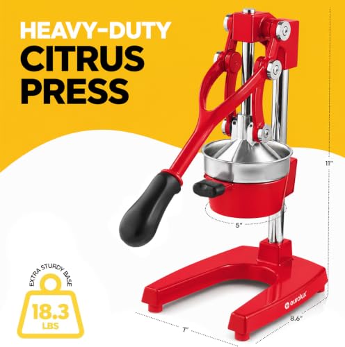 Eurolux Ultra-Premium Cast Iron Juicer | Extra-Large, Heavy Duty, Commercial Grade, Stainless Steel Manual Hand Press Citrus Squeezer For Fresh Orange Juice, Pomegranate, Lemon, and Much More (Red) - color: Red