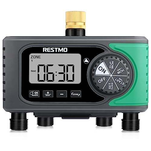 RESTMO 4-Zone Sprinkler Timer for Garden Hose with Brass Inlet