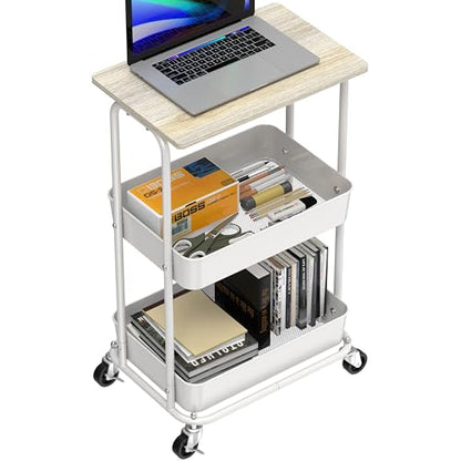 Simple Houseware 2-Tier Rolling Utility Cart Wood Top/Lockable Wheel, Maple - color: Maple
