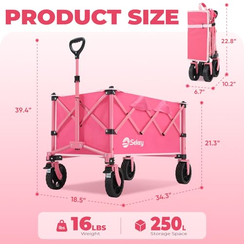 Sekey Collapsible Wagon, 300 lb Capacity, 29 in Cargo Bed, Compact Fold - color: Pink