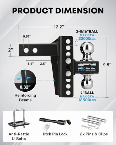 Kohree 6" Adjustable Trailer Hitch for 2-Inch Receiver, Anti-Rattle Clamp