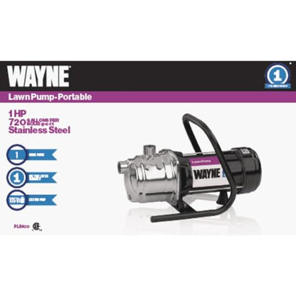 WAYNE PLS100-1 HP Portable Stainless Steel Lawn Sprinkling Water Pump - Up to 850 Gallons Per Hour - Heavy Duty Outdoor Pump for Sprinkler Systems - style: 1HP