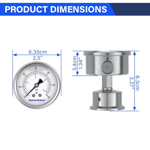 MEASUREMAN 2.5" Stainless Steel Sanitary Pressure Gauge, 0-60 PSI/bar (Dual Scale), Glycerin Filled, Back Mount with 1.5" Tri-Clamp Diaphragm Seal for Food/Beverage/Bio Pharma - size: 2.5",0-60 psi/bar, style: Back Mount