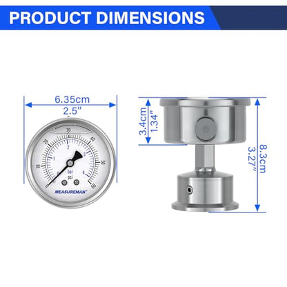 MEASUREMAN 2.5" Stainless Steel Sanitary Pressure Gauge, 0-60 PSI/bar (Dual Scale), Glycerin Filled, Back Mount with 1.5" Tri-Clamp Diaphragm Seal for Food/Beverage/Bio Pharma - size: 2.5",0-60 psi/bar, style: Back Mount