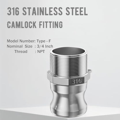 316 Stainless Steel 3/4" NPT Camlock Fitting - Female & Male Thread - size: Cam lock 3/4" Type D + Type F