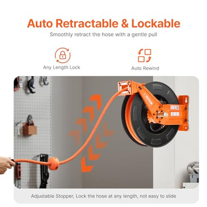 VEVOR Retractable Air Hose Reel with Double Arms, 3/8 IN x 65FT Hybrid Air Hose Max 300PSI, Air Compressor Hose Reel with 5FT Lead in, Ceiling/Wall Mount Heavy Duty Steel Reel for Workshop Garage - size: 3/8 in x 65 ft