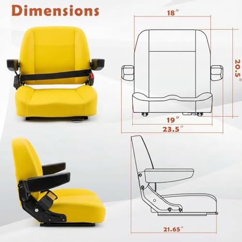 Universal Tractor Seat, Zero Turn Mower Seat with Adjustable Safety Belt Armrest Micro Switch for John Deere ZTR Skid Steer Loader Telehandler Dozer Excavator