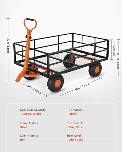 Heavy Duty 1200 Lbs Capacity Mesh Steel Garden Cart Folding Utility Wagon with Removable Sides & 180° Rotating Handle for Garden, Lawn, Warehouse, Farm - color: 1200-black & Orange