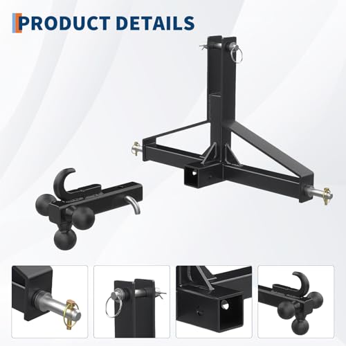 Cat 1 3-Point Tractor Hitch Receiver Adapter, 2" Receiver Mount -Black - color: hookblack, size: 35.4"x17.5"